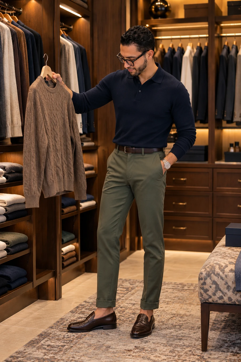 Luis Barahona eligiendo prendas en un vestidor