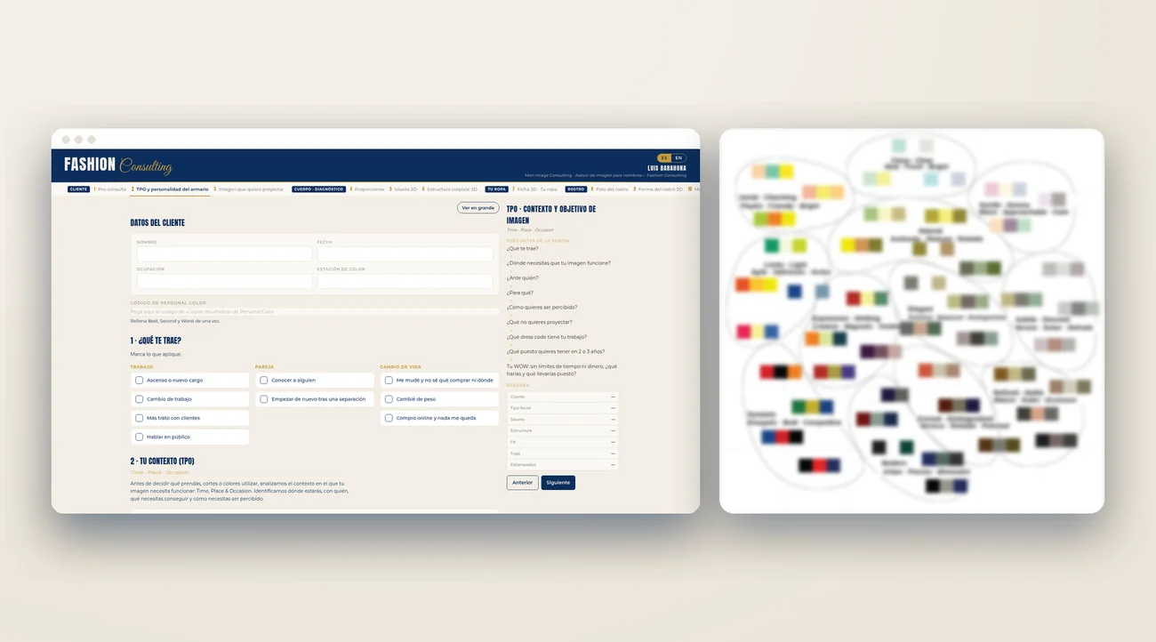 Entrevista de contexto en la app de Fashion Consulting y mapa de imagen