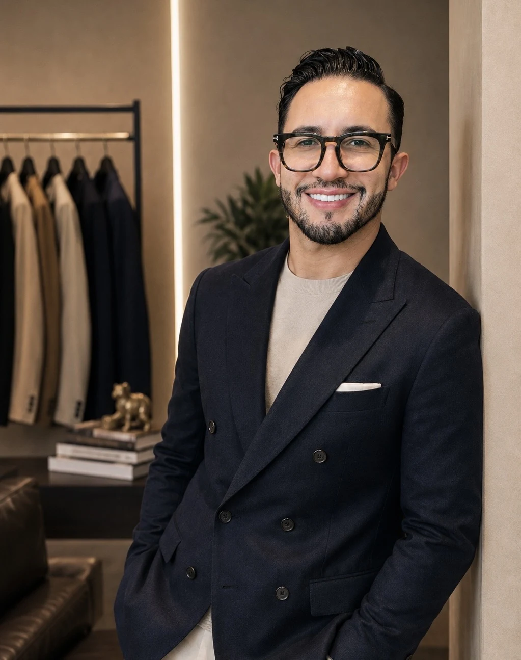 Luis Barahona con saco cruzado azul marino