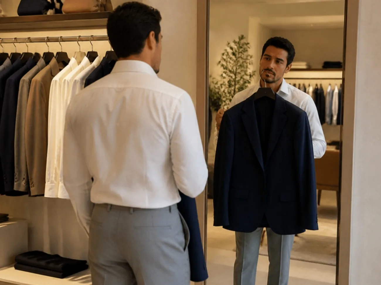 Hombre eligiendo un saco frente al espejo en una tienda